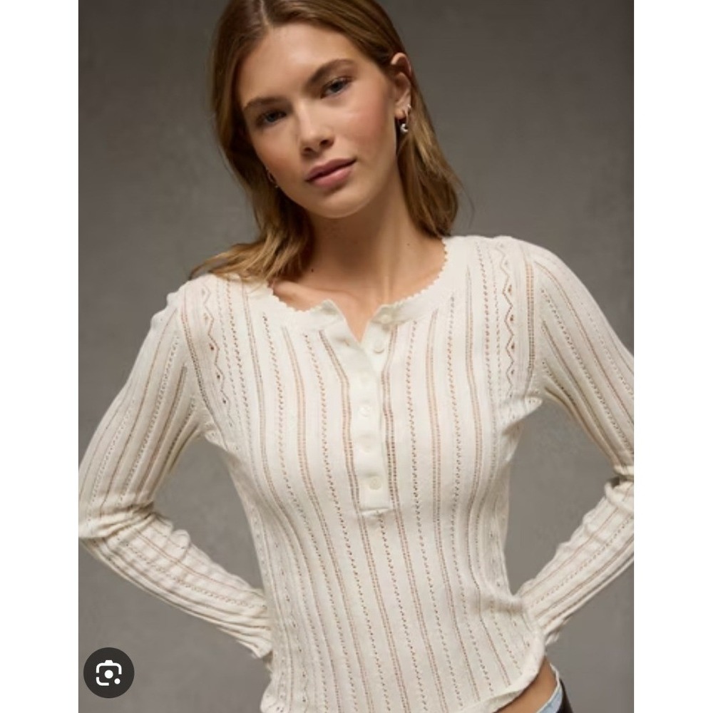 American Eagle AE Cream Pointelle Henley Top Dainty Coquette Feminine Large